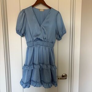 Altar'd State Juliana Ruffled Smocked Satiny Chambray Blue Mini Dress L Large